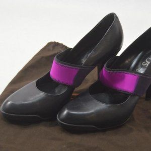 Tod's Purple Elastic Band Italy Dress Almond Toe Black‎ Leather Shoes Heels Pump